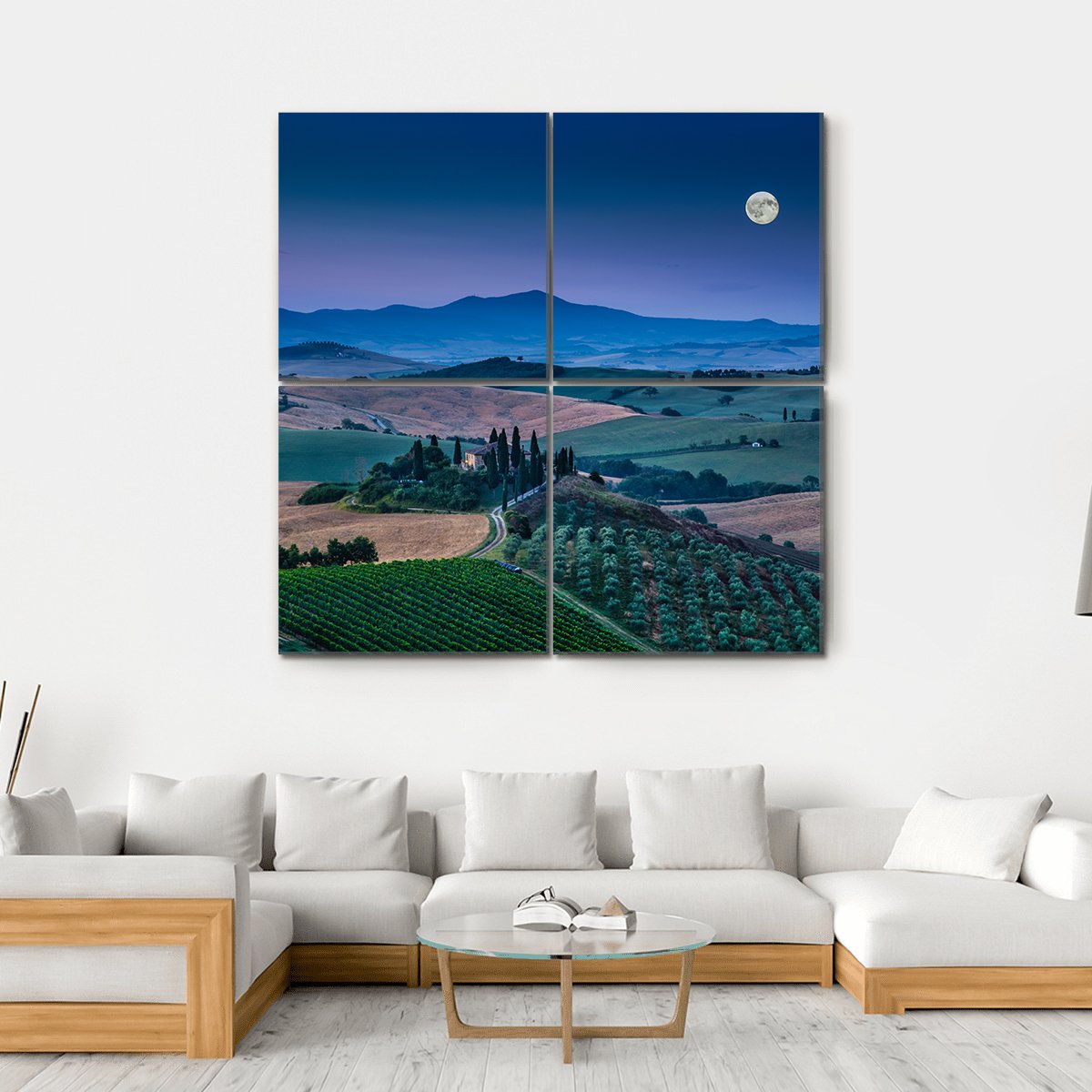 Scenic Tuscany Landscape With Rolling Hills Canvas Wall Art-4 Square-Gallery Wrap-17" x 17"-Tiaracle