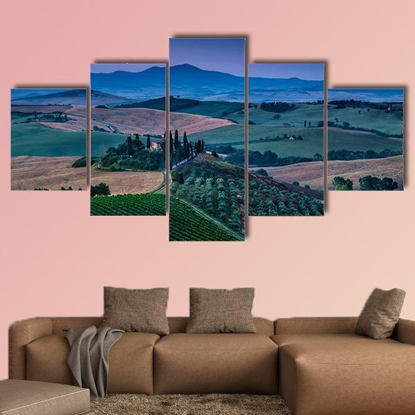 Scenic Tuscany Landscape With Rolling Hills Canvas Wall Art-5 Star-Gallery Wrap-62" x 32"-Tiaracle