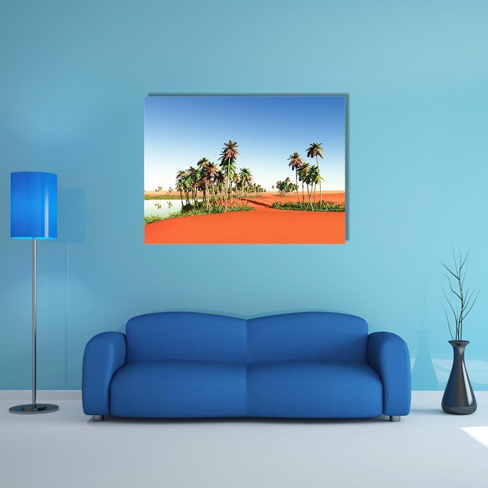 African Oasis with Palm Trees Canvas Wall Art in orange, green and blue, single panel hung on a wall