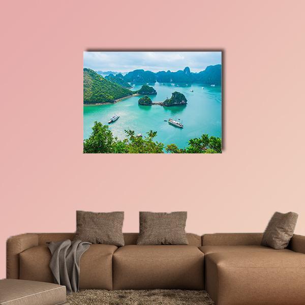 Halong Bay Karst Islands Canvas Wall Art in green and blue, single panel hung on a wall