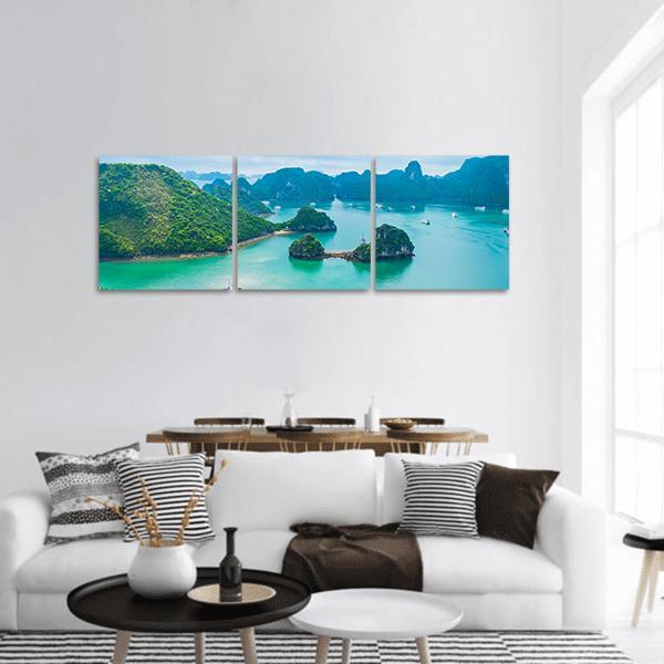 Ha Long Bay Karst Islands Aerial View Panoramic Canvas Wall Art in green and blue, hung on a wall