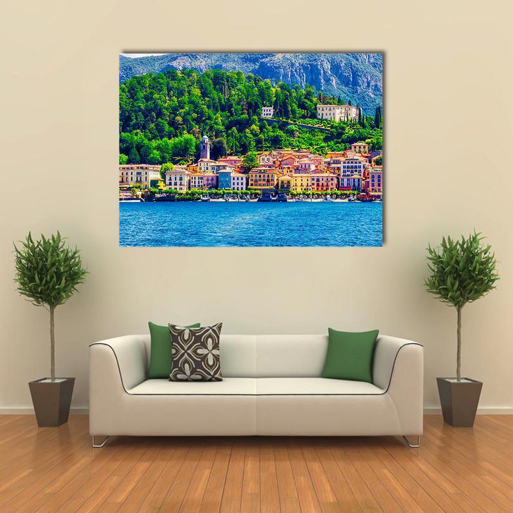 Bellagio Waterfront on Lake Como Canvas Wall Art in orange, green and blue, single panel hung on a wall