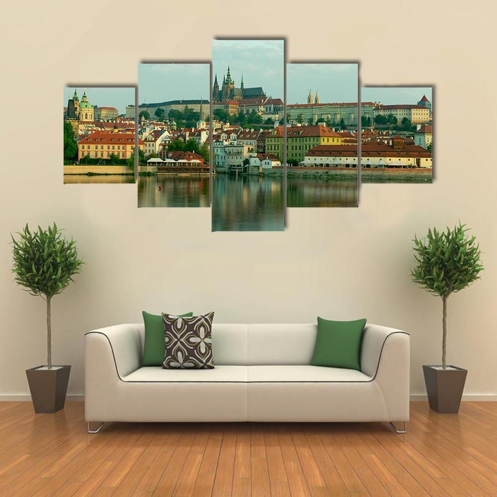 Scenic View On Vltava River Canvas Wall Art-5 Star-Gallery Wrap-62" x 32"-Tiaracle