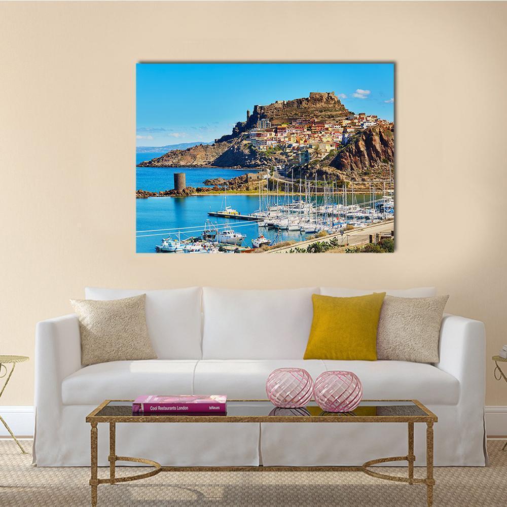 Coastal Village with Castle and Round Tower Canvas Wall Art in brown and blue, single panel hung on a wall
