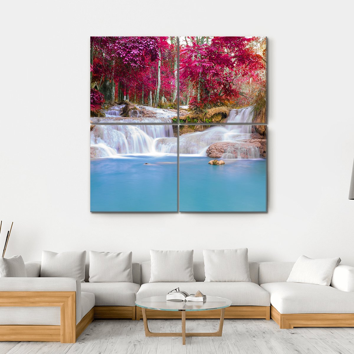 Scenic Waterfall In Rain Forest Canvas Wall Art-4 Square-Gallery Wrap-17" x 17"-Tiaracle