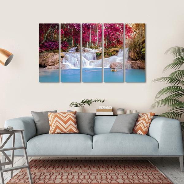 Scenic Waterfall In Rain Forest Canvas Wall Art-5 Horizontal-Gallery Wrap-22" x 12"-Tiaracle