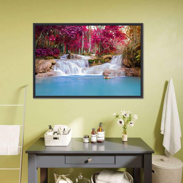 Scenic Waterfall In Rain Forest Canvas Wall Art-1 Piece-Floating Frame-24" x 16"-Tiaracle