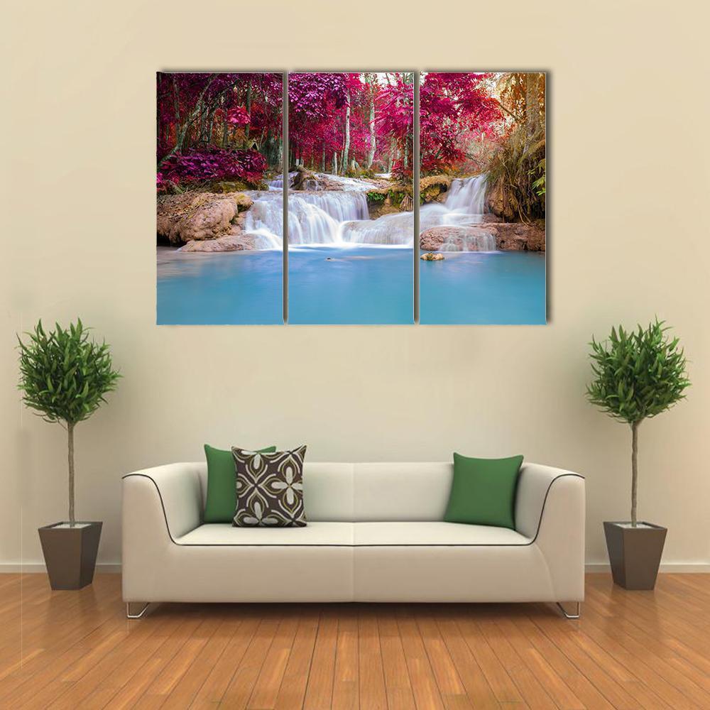 Scenic Waterfall In Rain Forest Canvas Wall Art-3 Horizontal-Gallery Wrap-37" x 24"-Tiaracle