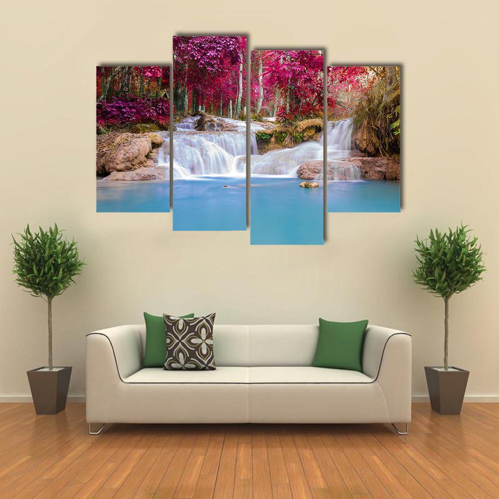 Scenic Waterfall In Rain Forest Canvas Wall Art-4 Pop-Gallery Wrap-50" x 32"-Tiaracle