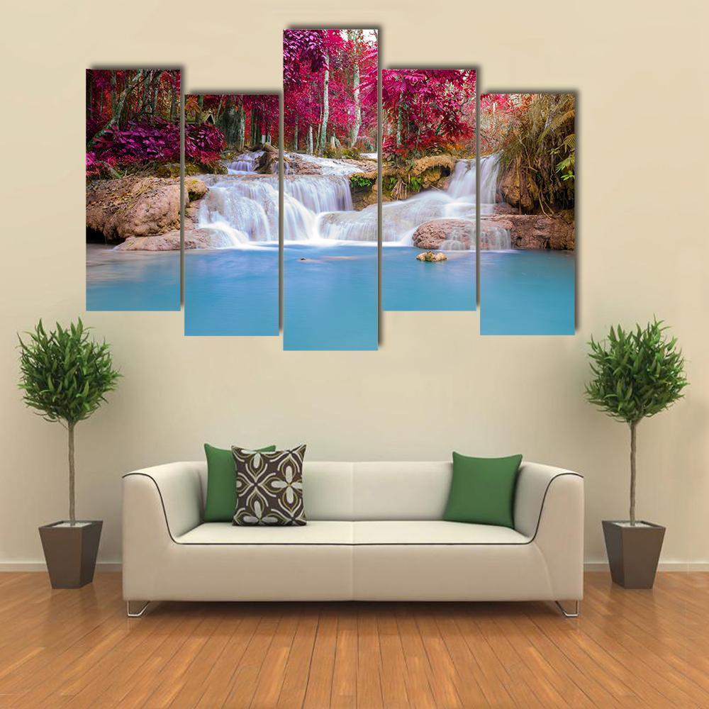 Scenic Waterfall In Rain Forest Canvas Wall Art-5 Pop-Gallery Wrap-47" x 32"-Tiaracle