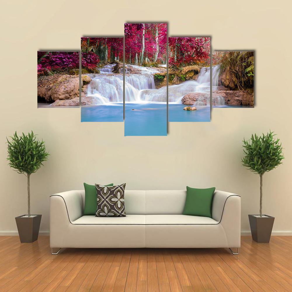 Scenic Waterfall In Rain Forest Canvas Wall Art-5 Star-Gallery Wrap-62" x 32"-Tiaracle