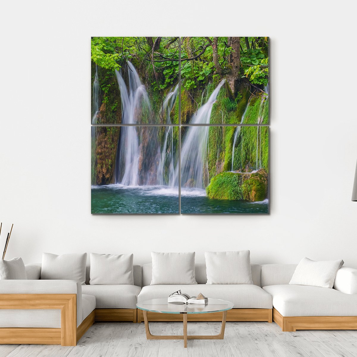 Scenic Waterfall In The Forest Canvas Wall Art-4 Square-Gallery Wrap-17" x 17"-Tiaracle