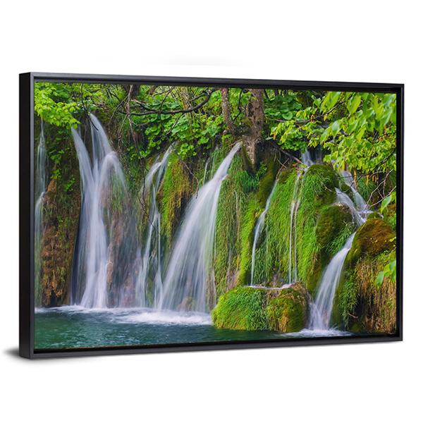 Scenic Waterfall In The Forest Canvas Wall Art-3 Horizontal-Gallery Wrap-25" x 16"-Tiaracle