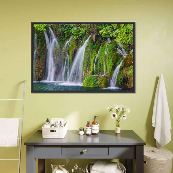 Scenic Waterfall In The Forest Canvas Wall Art-1 Piece-Floating Frame-24" x 16"-Tiaracle