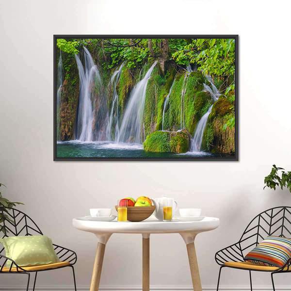 Scenic Waterfall In The Forest Canvas Wall Art-3 Horizontal-Gallery Wrap-25" x 16"-Tiaracle