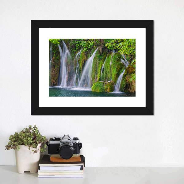 Scenic Waterfall In The Forest Canvas Wall Art-1 Piece-Framed Print-20" x 16"-Tiaracle