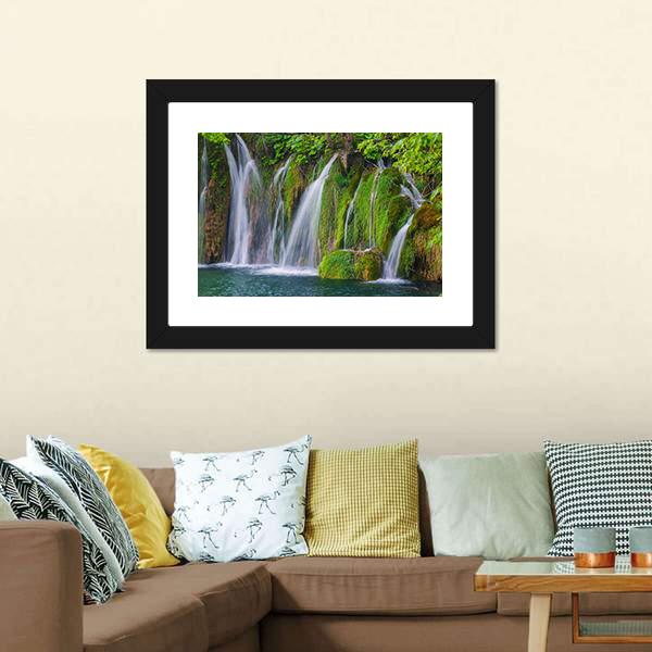 Scenic Waterfall In The Forest Canvas Wall Art-3 Horizontal-Gallery Wrap-25" x 16"-Tiaracle