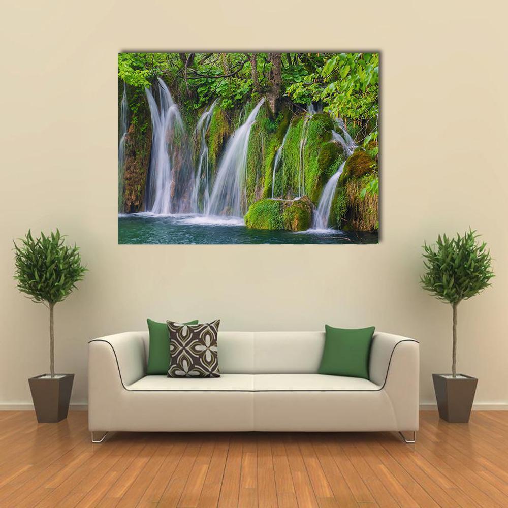 Scenic Waterfall In The Forest Canvas Wall Art-4 Pop-Gallery Wrap-50" x 32"-Tiaracle