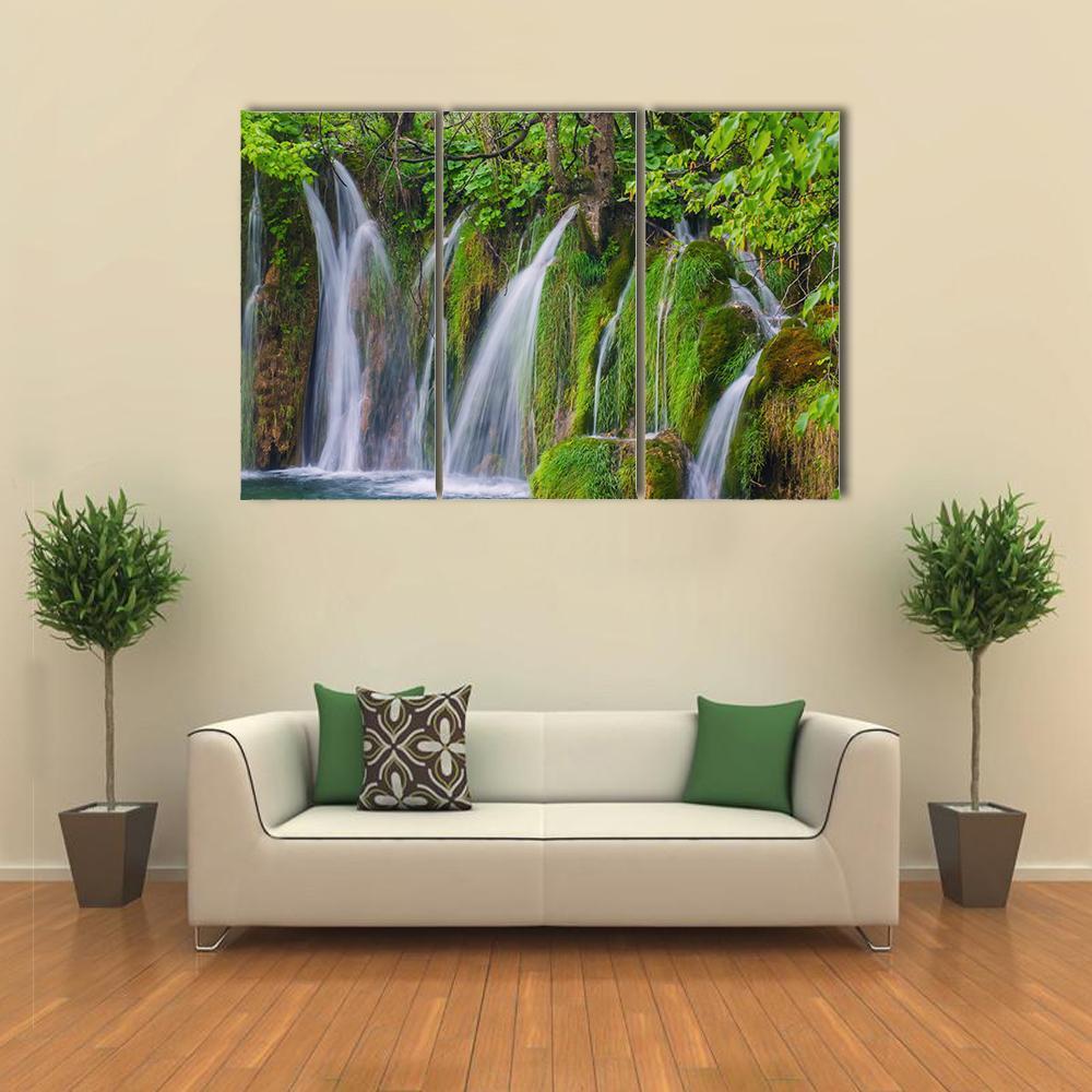 Scenic Waterfall In The Forest Canvas Wall Art-3 Horizontal-Gallery Wrap-37" x 24"-Tiaracle