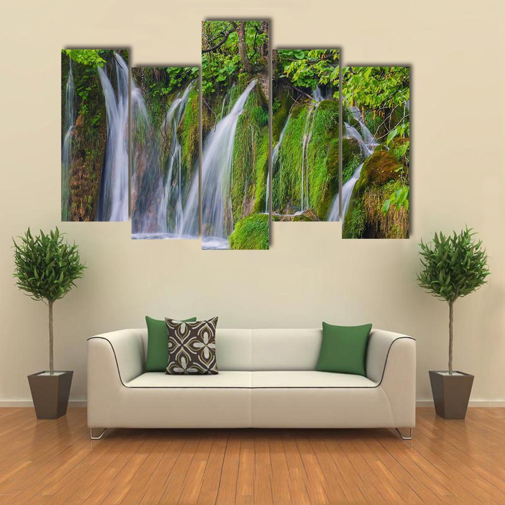 Scenic Waterfall In The Forest Canvas Wall Art-5 Pop-Gallery Wrap-47" x 32"-Tiaracle