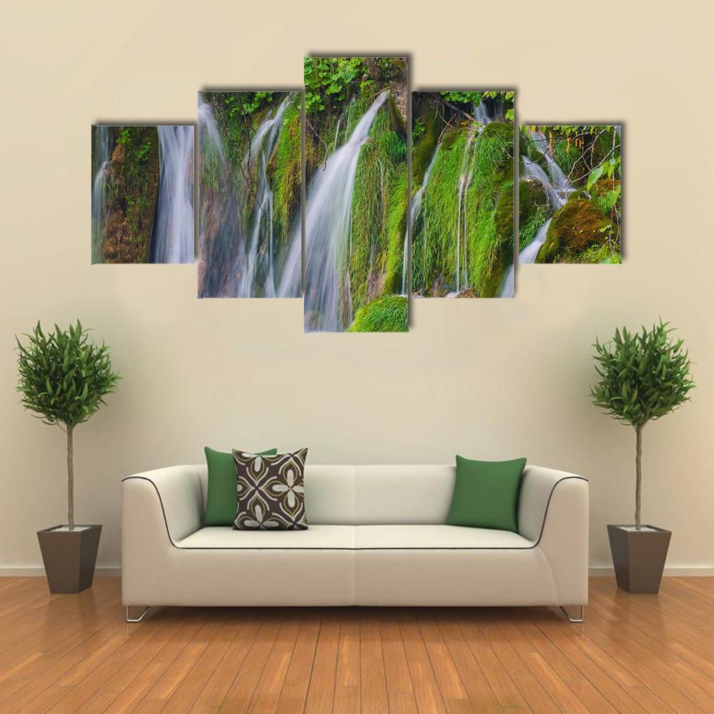 Scenic Waterfall In The Forest Canvas Wall Art-5 Star-Gallery Wrap-62" x 32"-Tiaracle