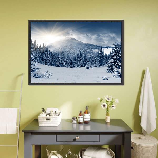 Scenic Winter Landscape With Snow Covered Trees Canvas Wall Art-1 Piece-Floating Frame-24&quot; x 16&quot;-Tiaracle