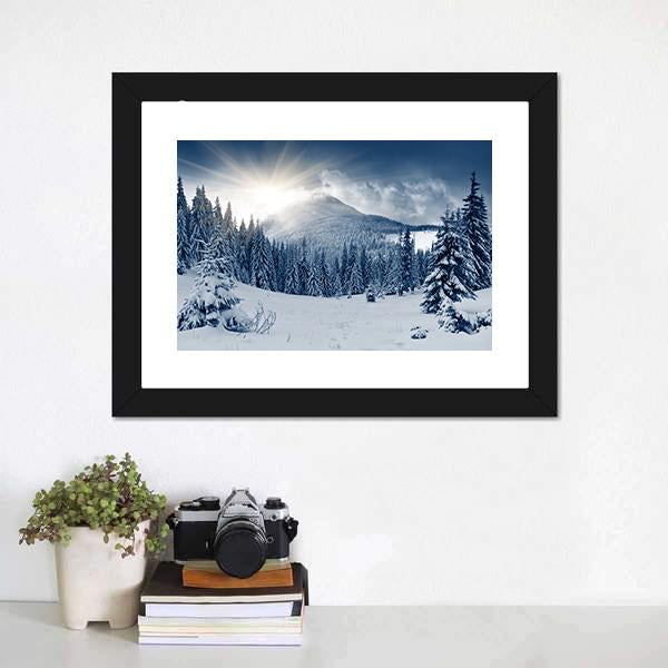 Scenic Winter Landscape With Snow Covered Trees Canvas Wall Art-1 Piece-Framed Print-20&quot; x 16&quot;-Tiaracle