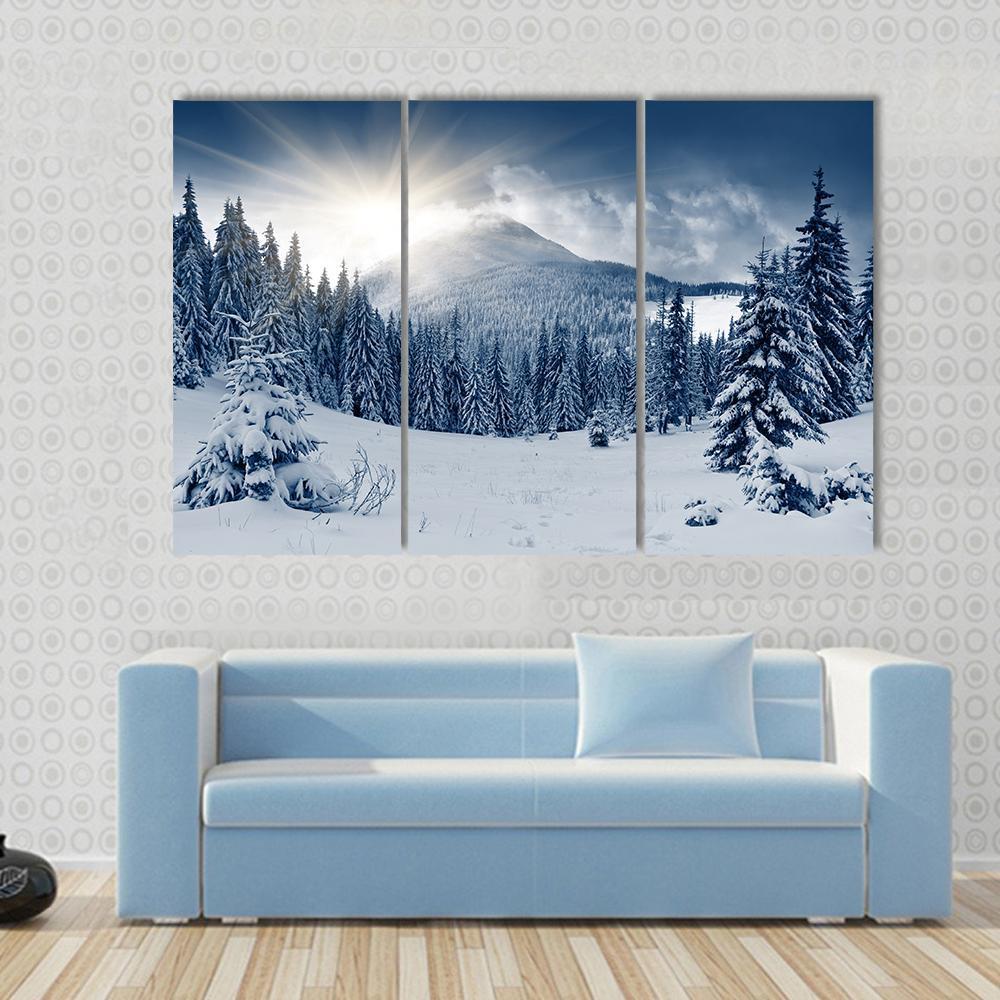 Scenic Winter Landscape With Snow Covered Trees Canvas Wall Art-3 Horizontal-Gallery Wrap-37" x 24"-Tiaracle