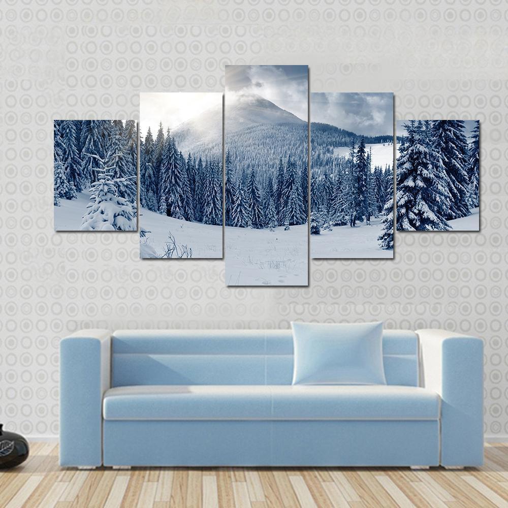 Scenic Winter Landscape With Snow Covered Trees Canvas Wall Art-5 Star-Gallery Wrap-62&quot; x 32&quot;-Tiaracle