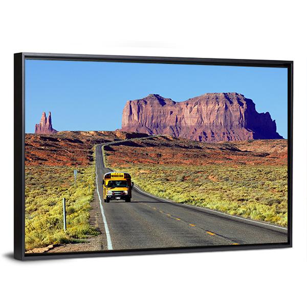 School Bus On Road At Monument Valley USA Canvas Wall Art-3 Horizontal-Gallery Wrap-25" x 16"-Tiaracle