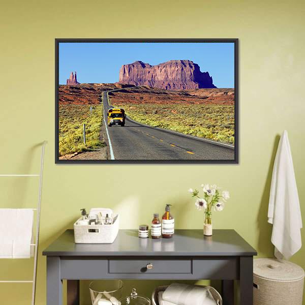 School Bus On Road At Monument Valley USA Canvas Wall Art-1 Piece-Floating Frame-24" x 16"-Tiaracle