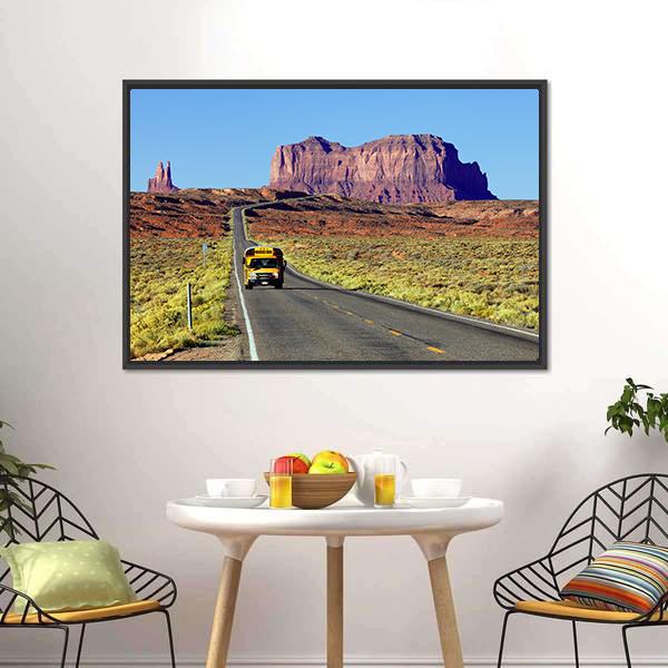 School Bus On Road At Monument Valley USA Canvas Wall Art-3 Horizontal-Gallery Wrap-25" x 16"-Tiaracle