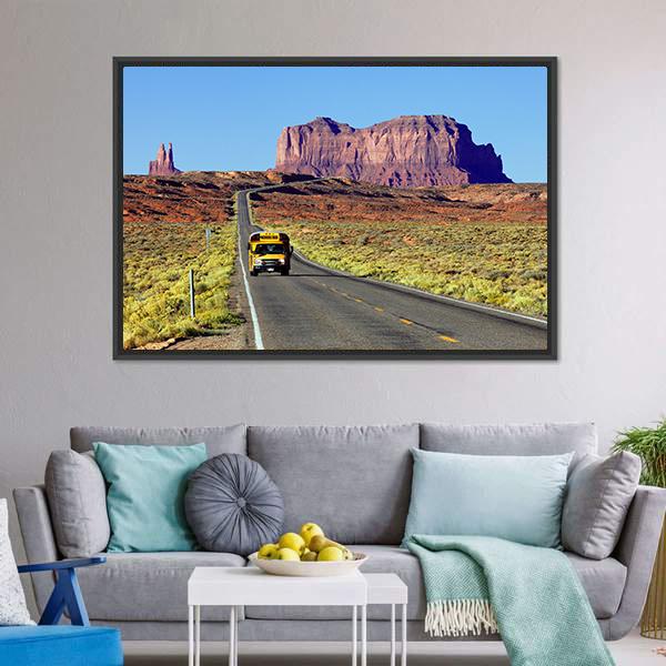 School Bus On Road At Monument Valley USA Canvas Wall Art-3 Horizontal-Gallery Wrap-25" x 16"-Tiaracle
