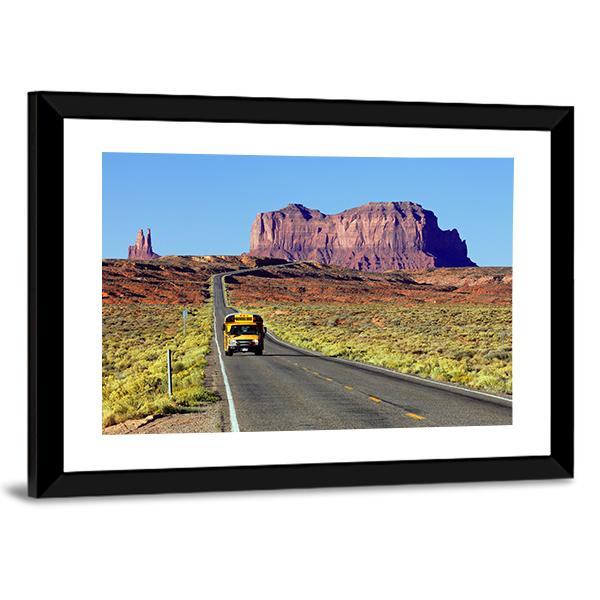 School Bus On Road At Monument Valley USA Canvas Wall Art-3 Horizontal-Gallery Wrap-25" x 16"-Tiaracle