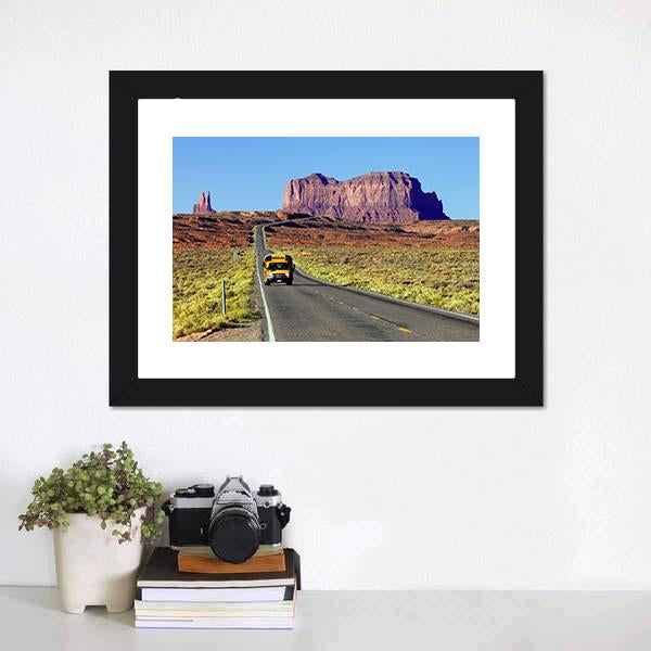 School Bus On Road At Monument Valley USA Canvas Wall Art-1 Piece-Framed Print-20" x 16"-Tiaracle