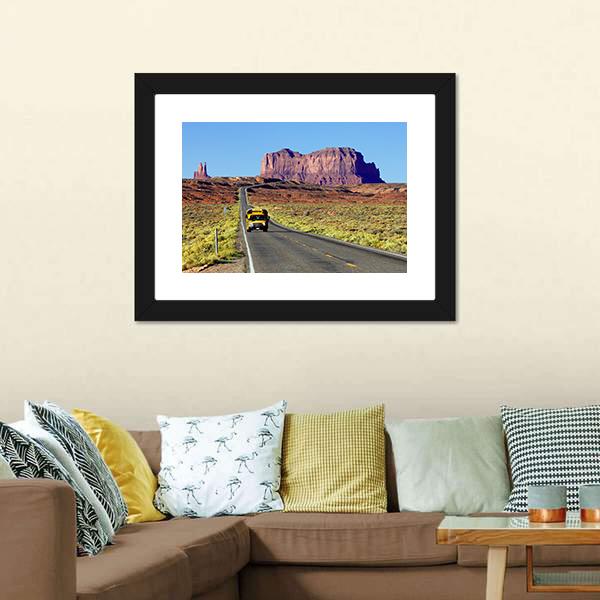 School Bus On Road At Monument Valley USA Canvas Wall Art-3 Horizontal-Gallery Wrap-25" x 16"-Tiaracle