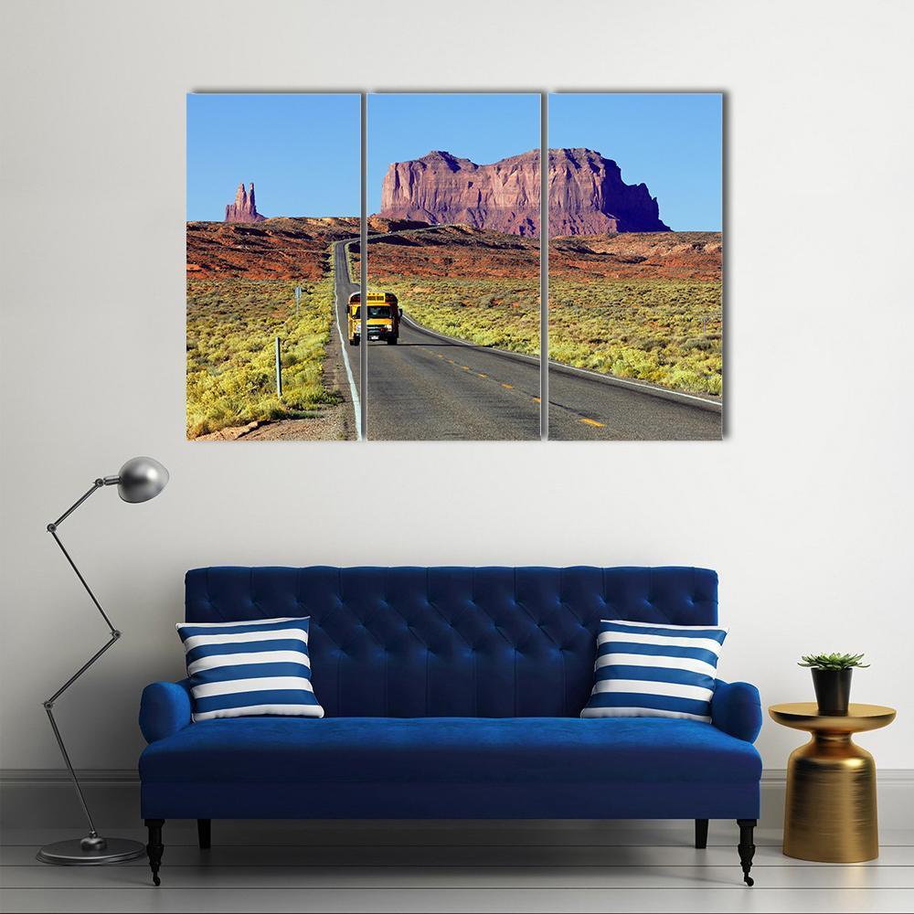 School Bus On Road At Monument Valley USA Canvas Wall Art-3 Horizontal-Gallery Wrap-37" x 24"-Tiaracle