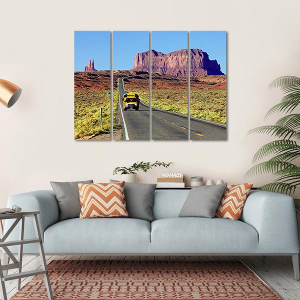 School Bus On Road At Monument Valley USA Canvas Wall Art-4 Horizontal-Gallery Wrap-34" x 24"-Tiaracle