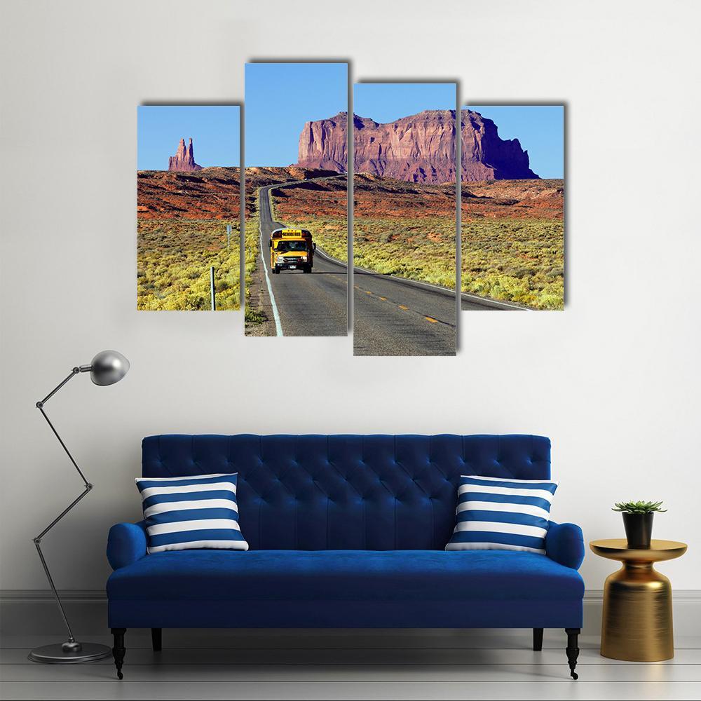 School Bus On Road At Monument Valley USA Canvas Wall Art-4 Pop-Gallery Wrap-50" x 32"-Tiaracle