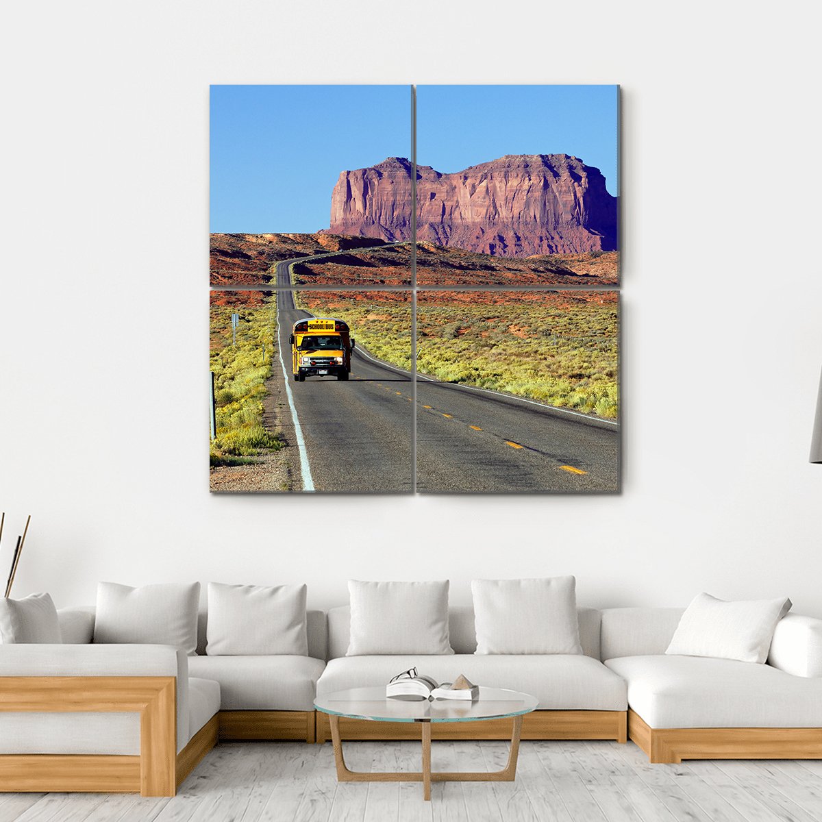 School Bus On Road At Monument Valley USA Canvas Wall Art-4 Square-Gallery Wrap-17" x 17"-Tiaracle