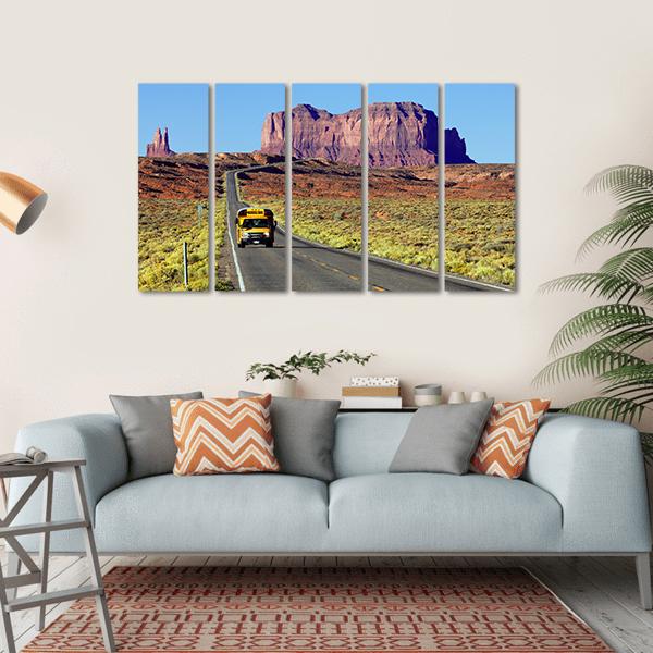 School Bus On Road At Monument Valley USA Canvas Wall Art-5 Horizontal-Gallery Wrap-22" x 12"-Tiaracle