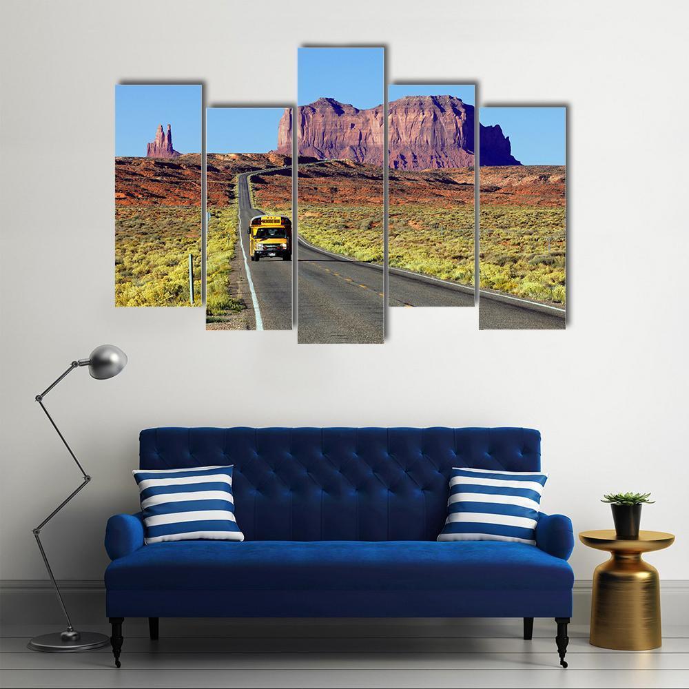 School Bus On Road At Monument Valley USA Canvas Wall Art-5 Pop-Gallery Wrap-47" x 32"-Tiaracle