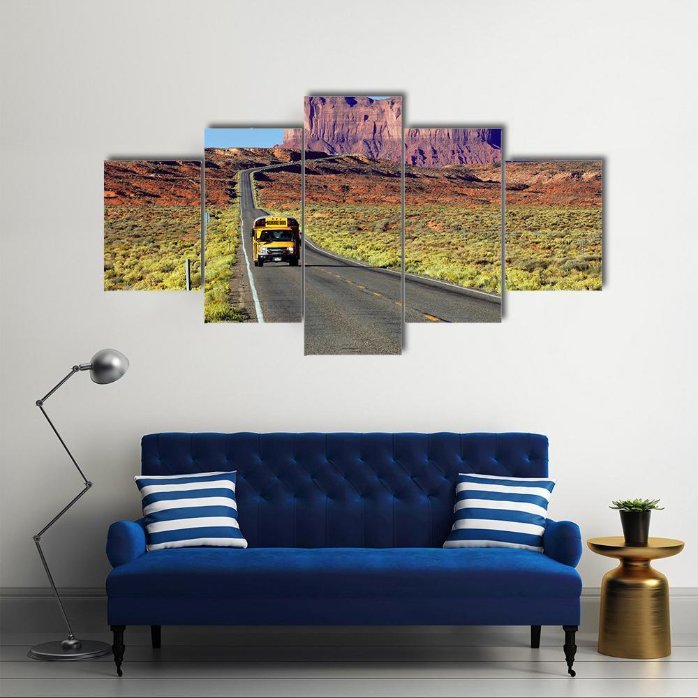 School Bus On Road At Monument Valley USA Canvas Wall Art-5 Star-Gallery Wrap-62" x 32"-Tiaracle