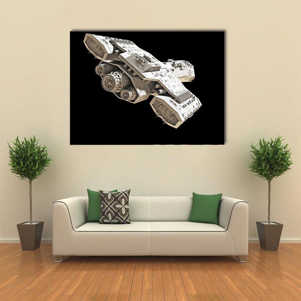 Futuristic Spacecraft with Multiple Engines Canvas Wall Art in black, white and gray, single panel hung on a wall