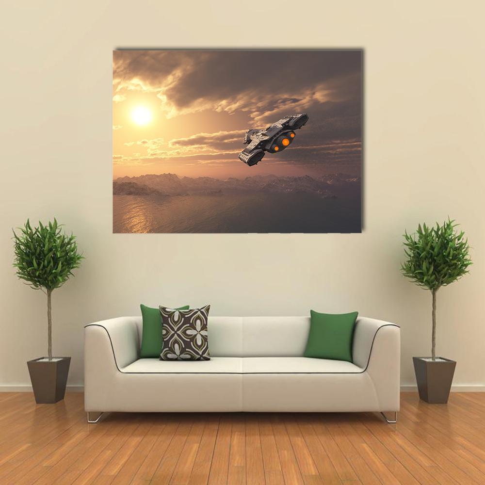 Sunset Spaceship with Glowing Thrusters Canvas Wall Art in gray, orange and yellow, single panel hung on a wall