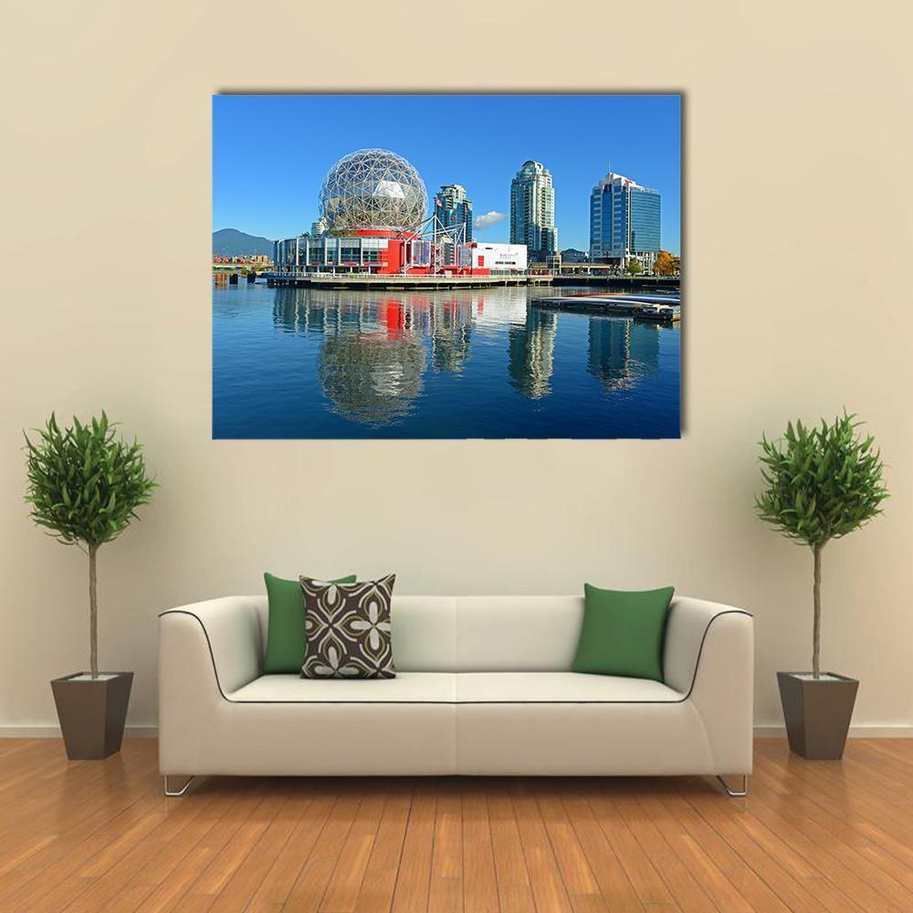 Science World Vancouver Waterfront Skyline Canvas Wall Art in blue, single panel hung on a wall