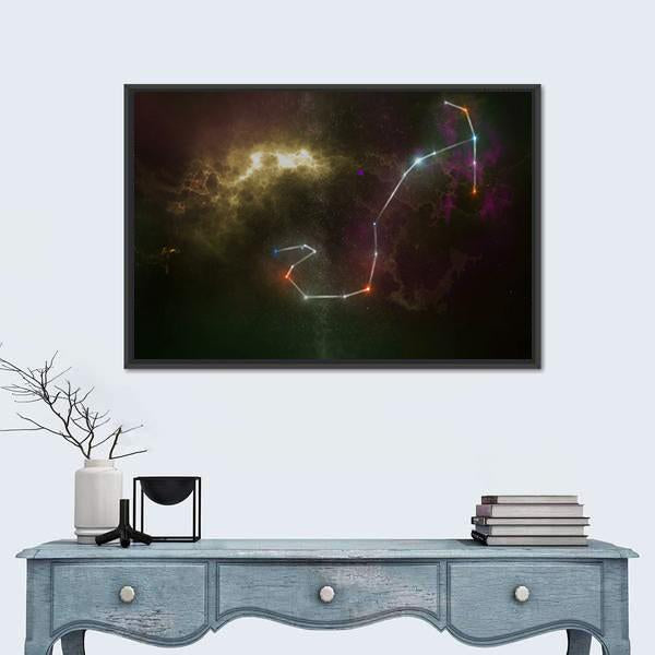 Scorpio Constellation Nebula Canvas Wall Art in black, gold and purple, framed canvas, product view on a white background