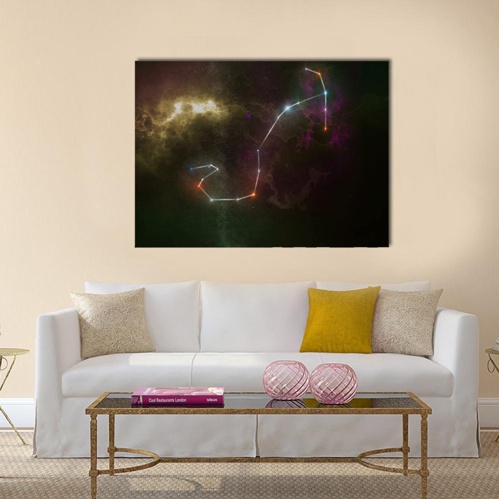 Scorpius Constellation Nebula Canvas Wall Art in black, gold and purple, single panel hung on a wall