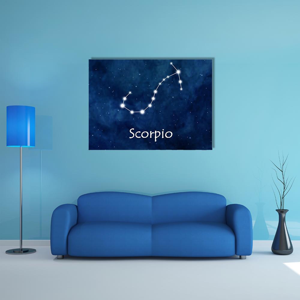 Scorpio Constellation Canvas Wall Art in white, blue and navy, single panel hung on a wall
