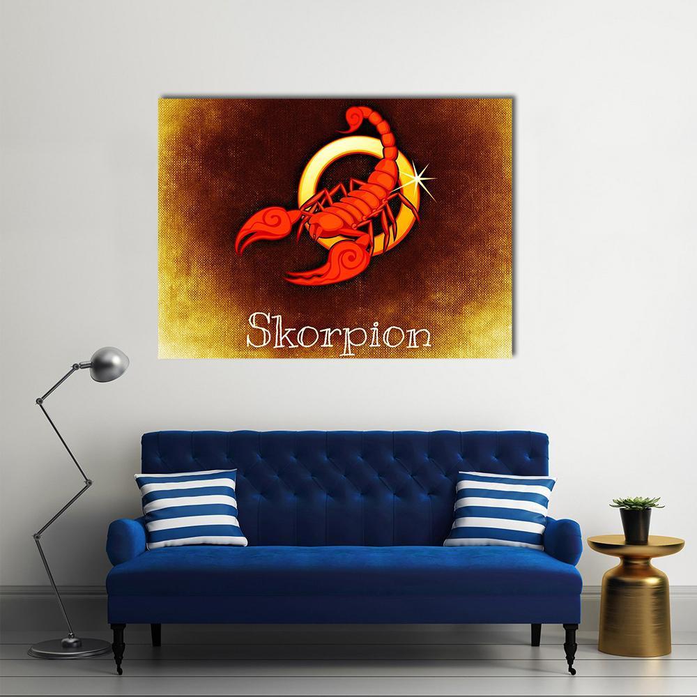 Scorpio Zodiac Scorpion with Skorpion Text Canvas Wall Art in brown, gold and red, single panel hung on a wall
